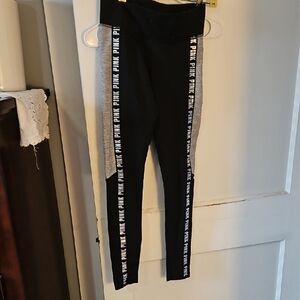 PINK Victoria's Secret Black Leggings with Gray Side Panels and Logo Tape